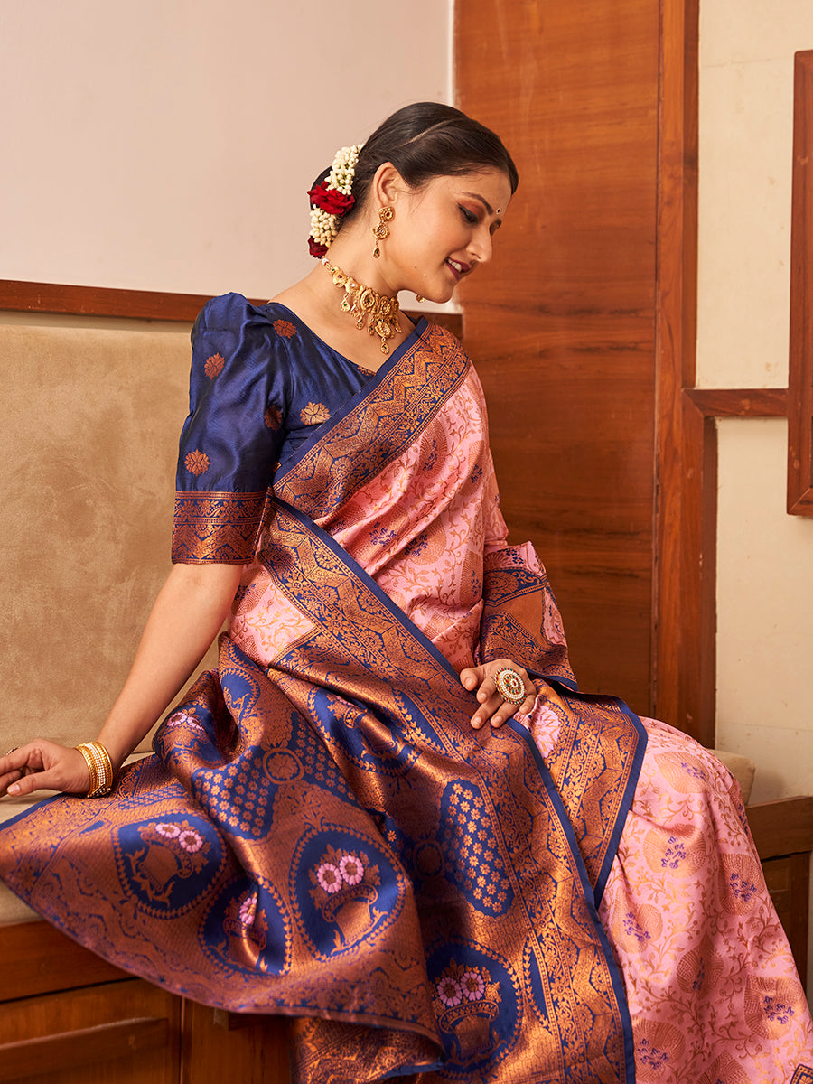 Pink & Blue Gold Zari Woven Wedding Banarasi Silk Saree