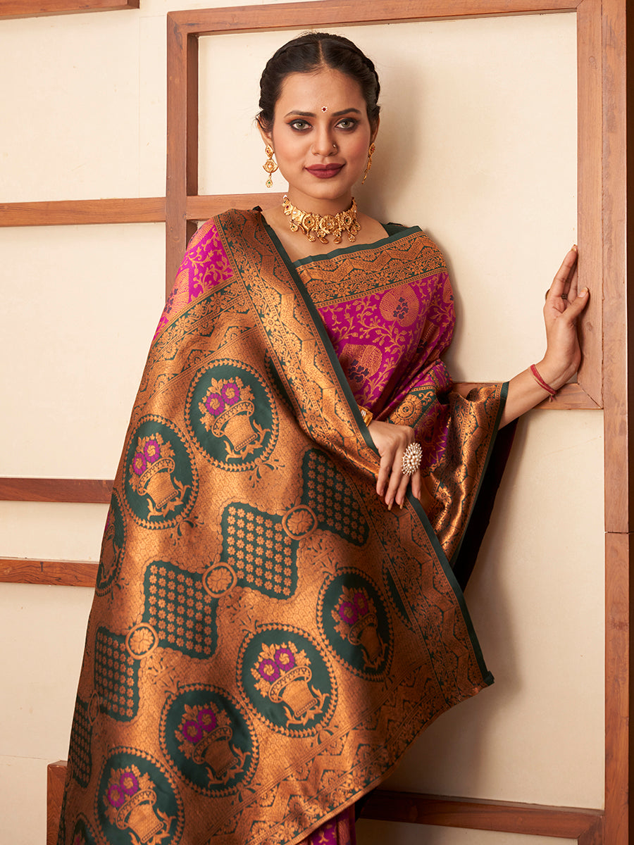 Magenta & Green Gold Zari Woven Wedding Banarasi Silk Saree