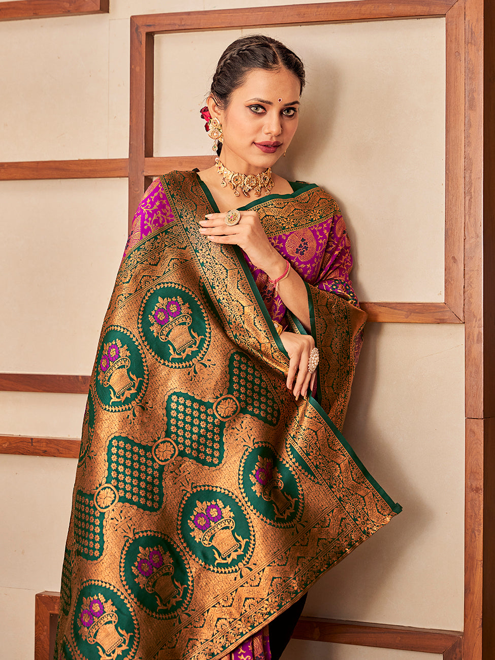 Magenta & Green Gold Zari Woven Wedding Banarasi Silk Saree