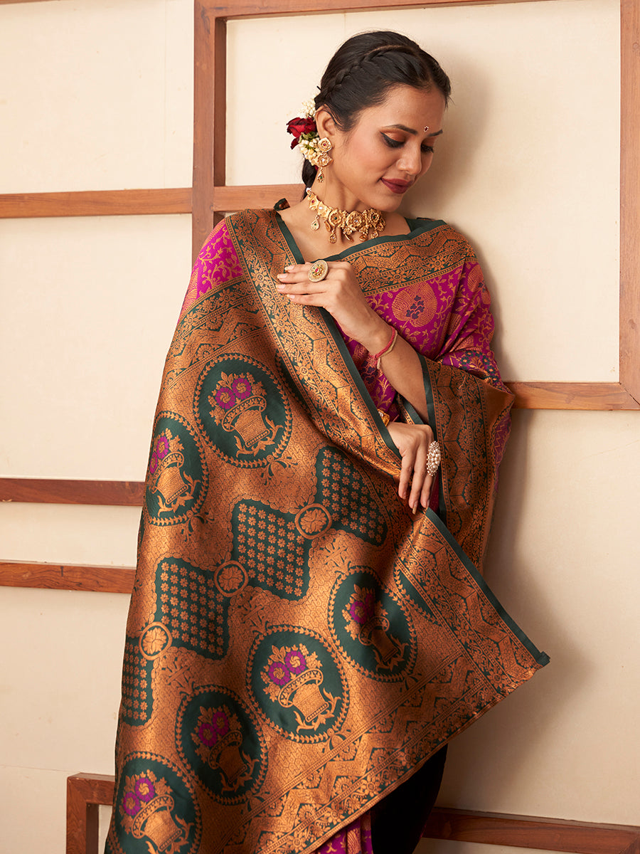 Magenta & Green Gold Zari Woven Wedding Banarasi Silk Saree