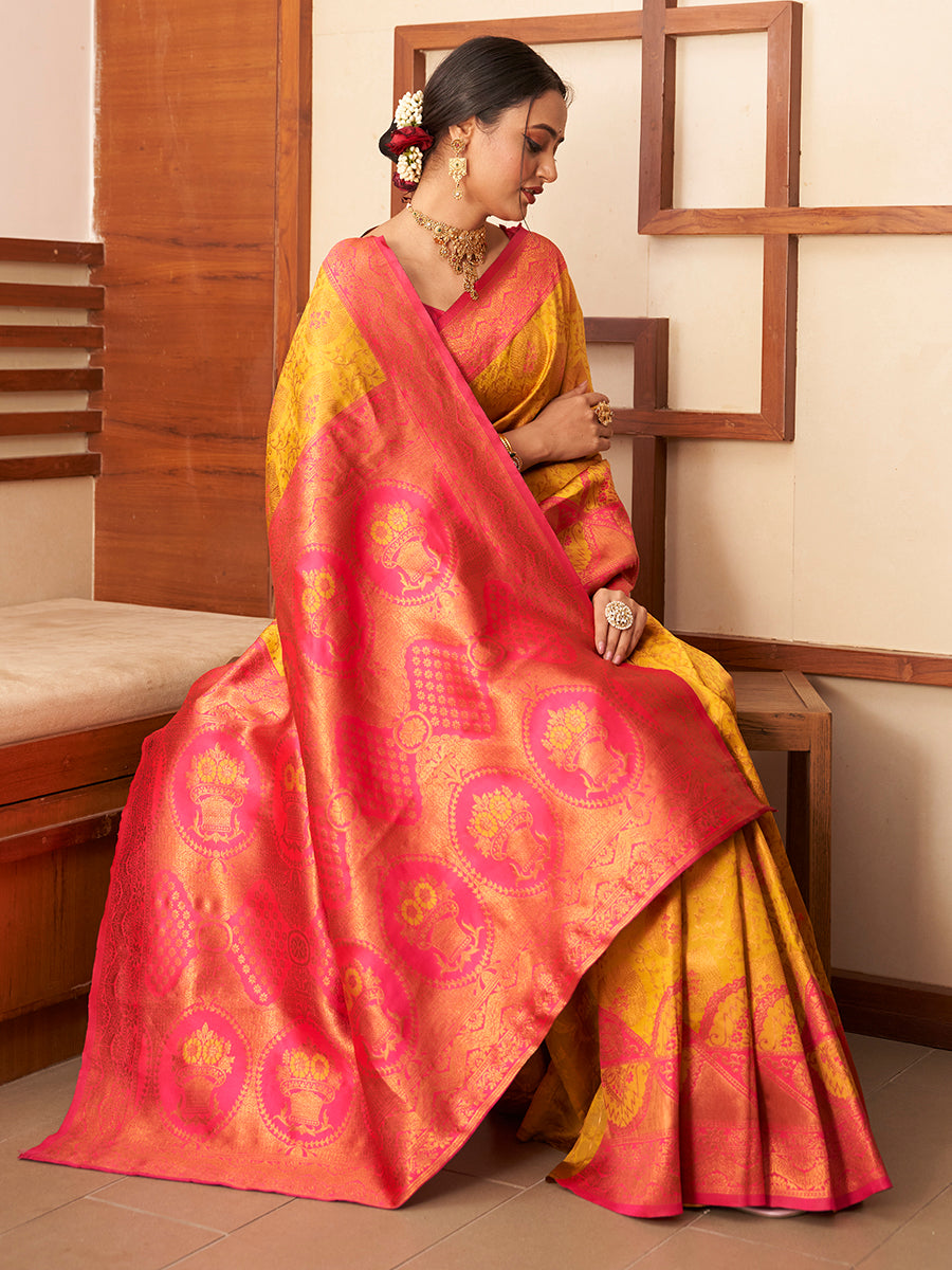 Yellow & Pink Gold Zari Woven Wedding Banarasi Silk Saree