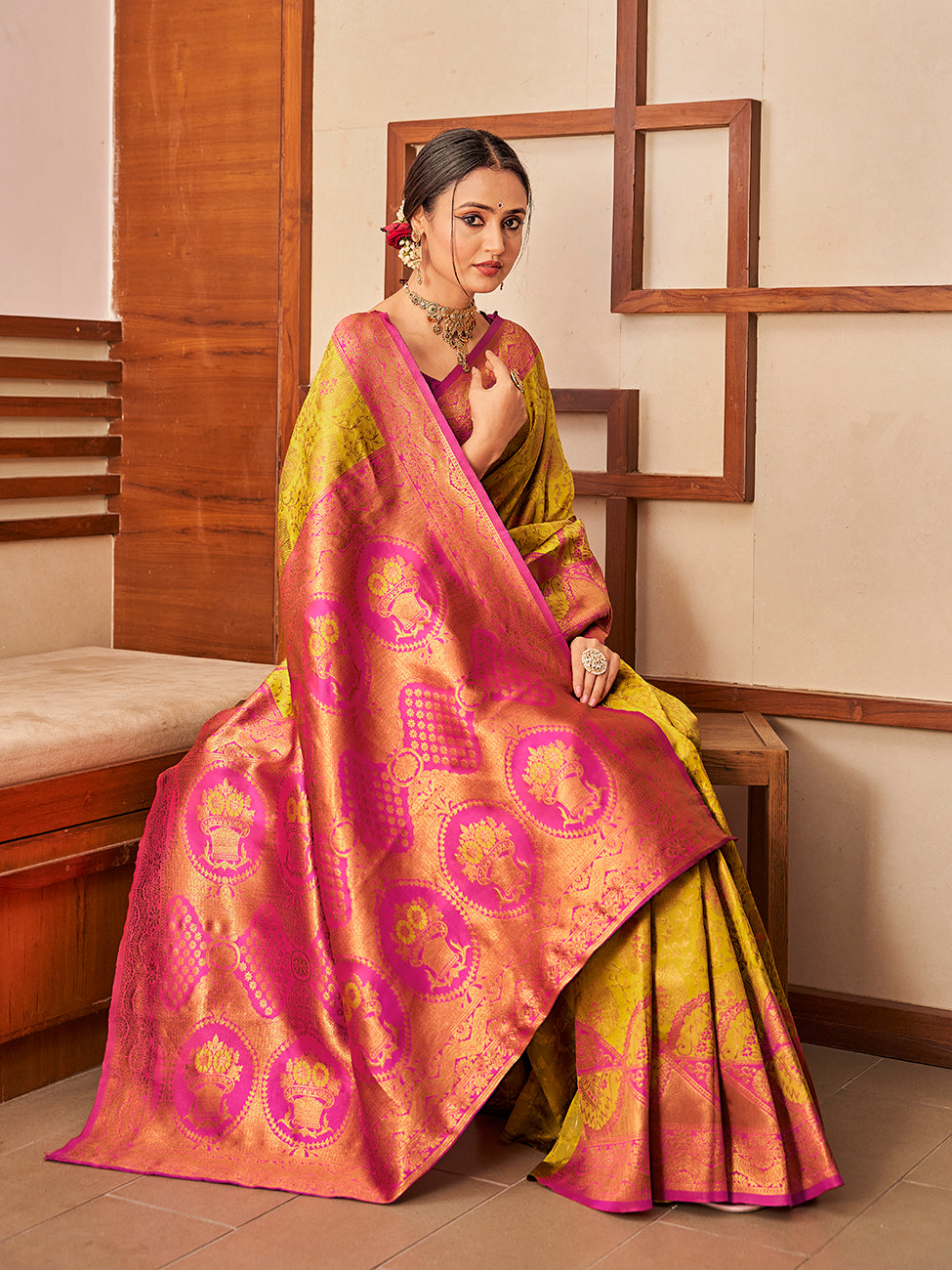 Yellow & Pink Gold Zari Woven Wedding Banarasi Silk Saree