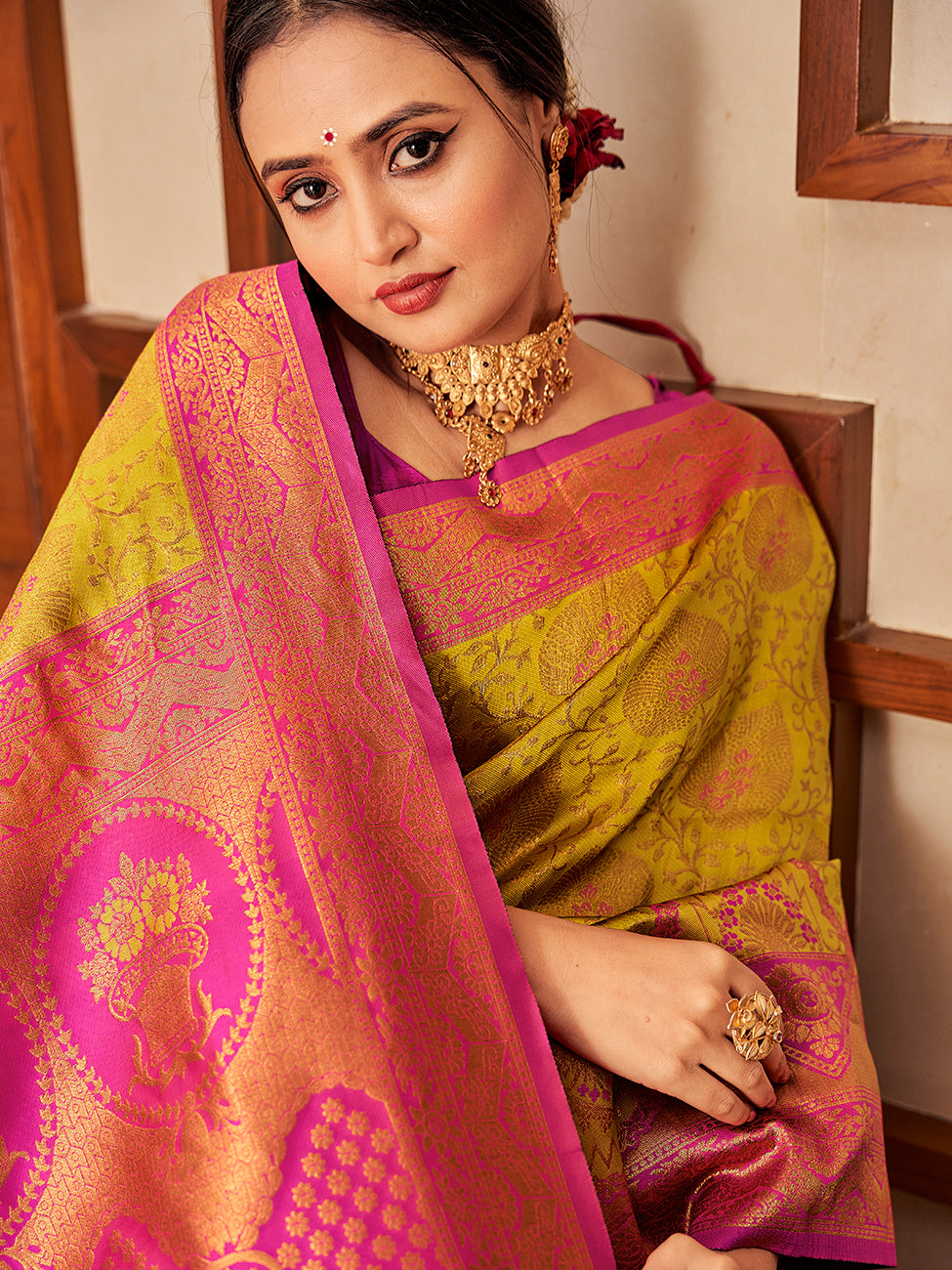 Yellow & Pink Gold Zari Woven Wedding Banarasi Silk Saree