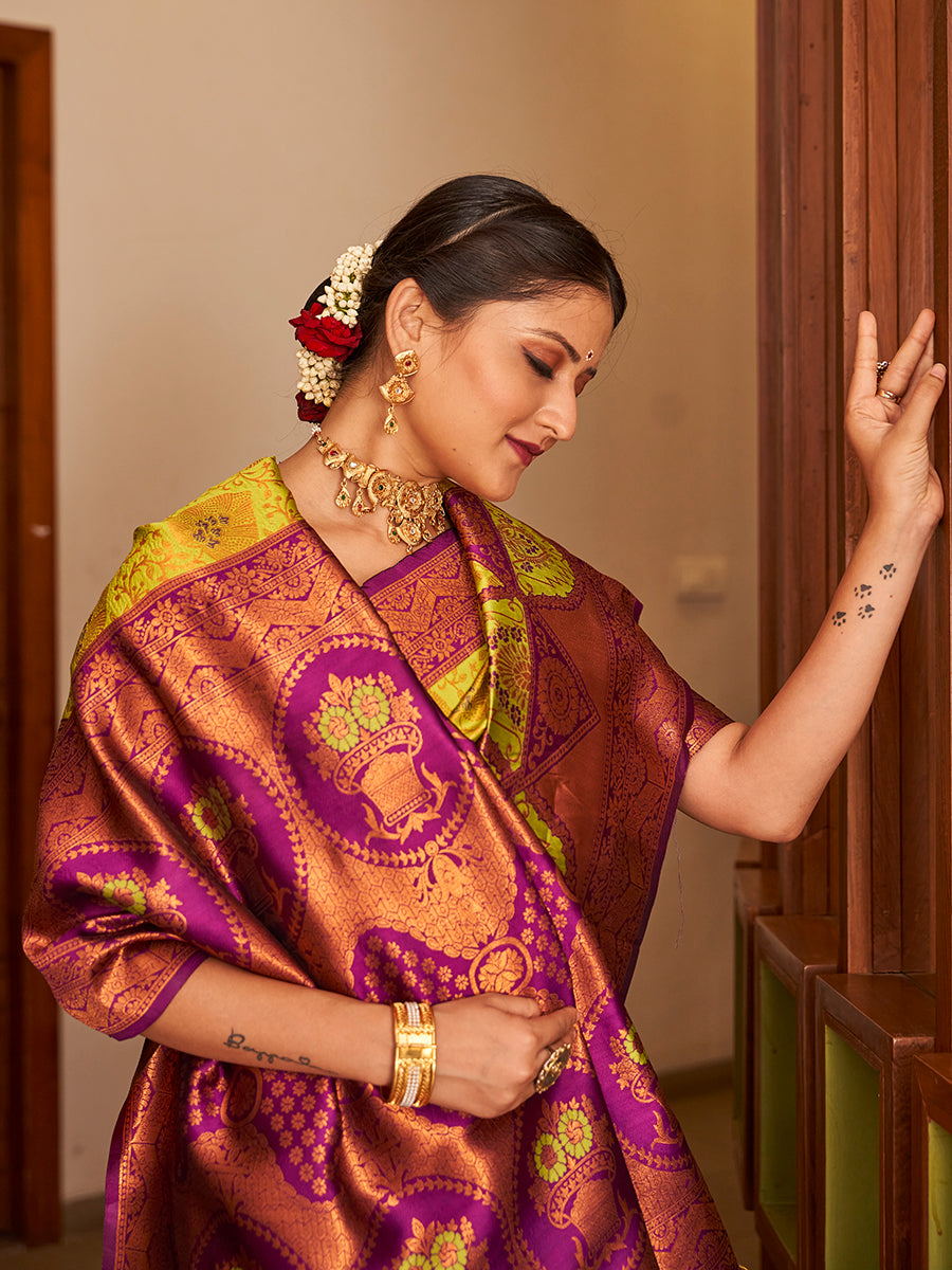 Lime Green & Purple Gold Zari Woven Wedding Banarasi Silk Saree