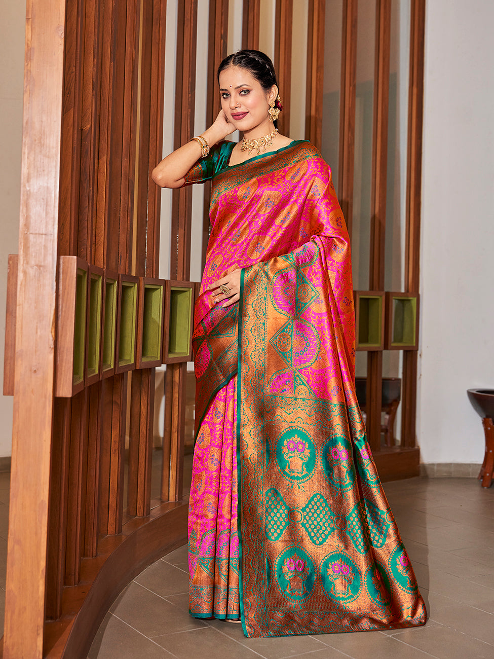 Pink & Rama Gold Zari Woven Wedding Banarasi Silk Saree