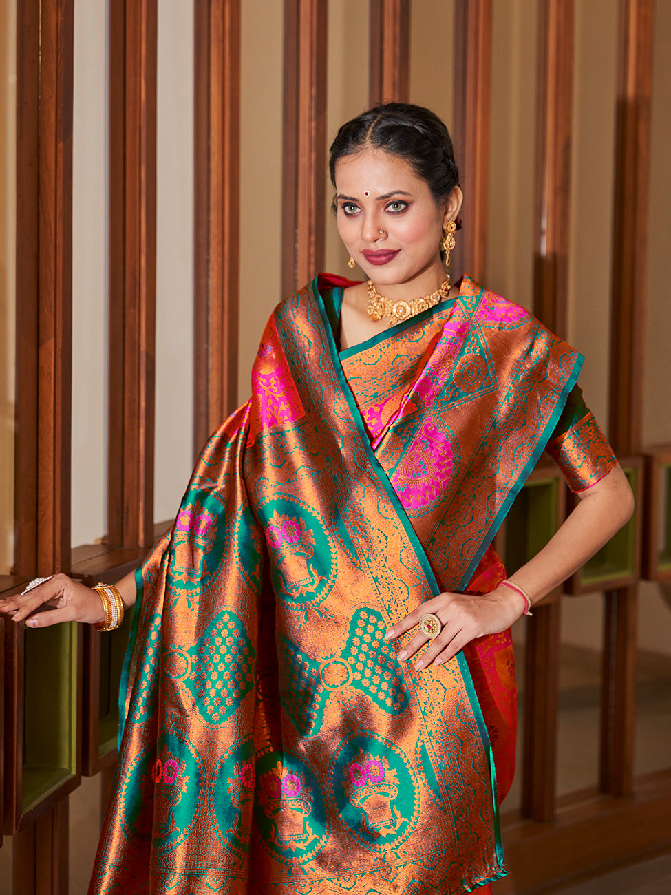 Pink & Rama Gold Zari Woven Wedding Banarasi Silk Saree
