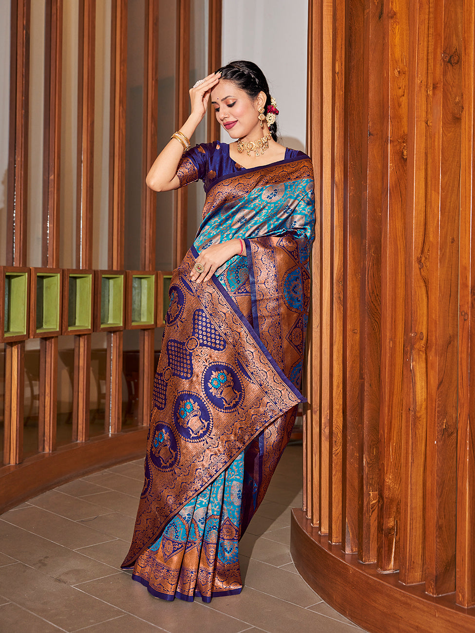 Turquoise Blue Gold Zari Woven Wedding Banarasi Silk Saree