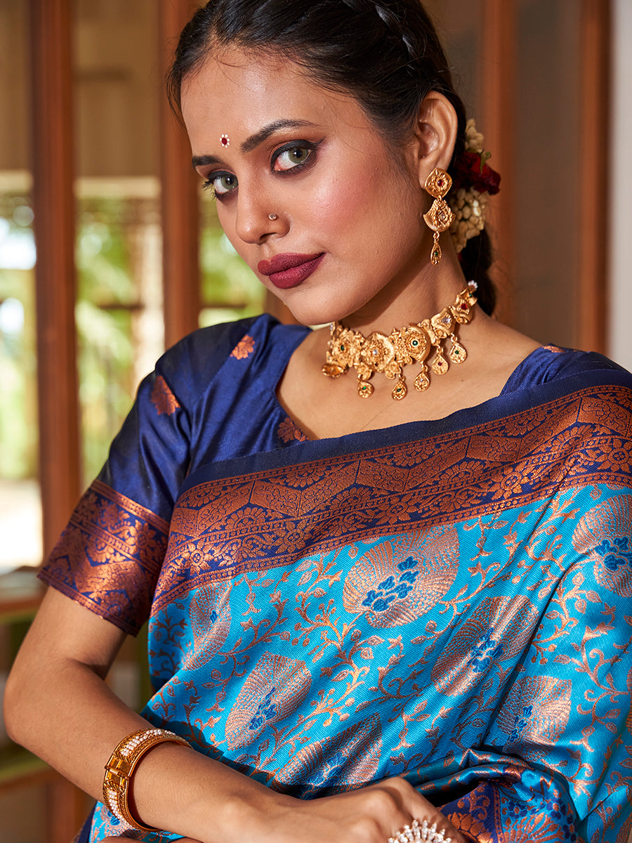 Turquoise Blue Gold Zari Woven Wedding Banarasi Silk Saree