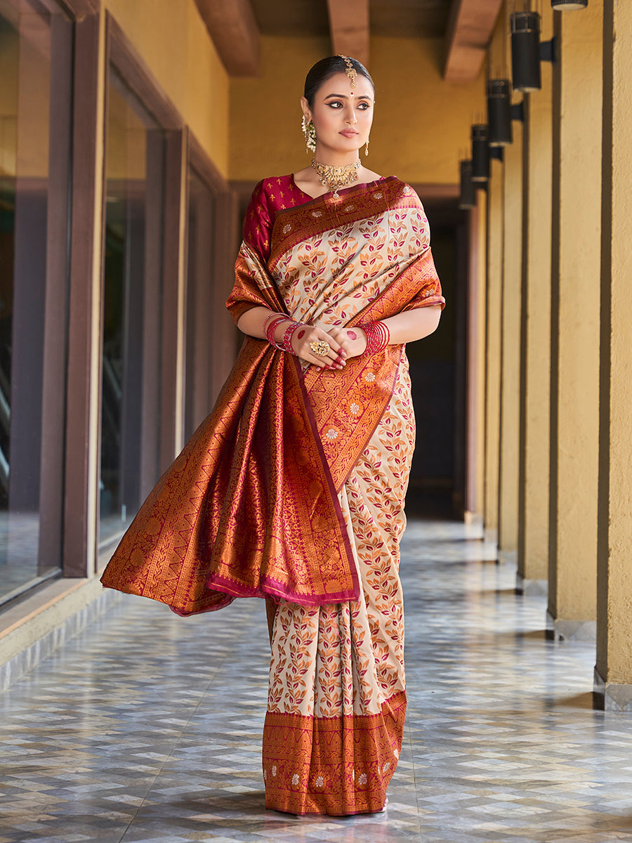 Beige & Maroon Gold Zari Woven Wedding Banarasi Silk Saree