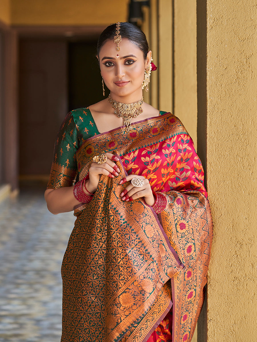Maroon & Green Gold Zari Woven Wedding Banarasi Silk Saree