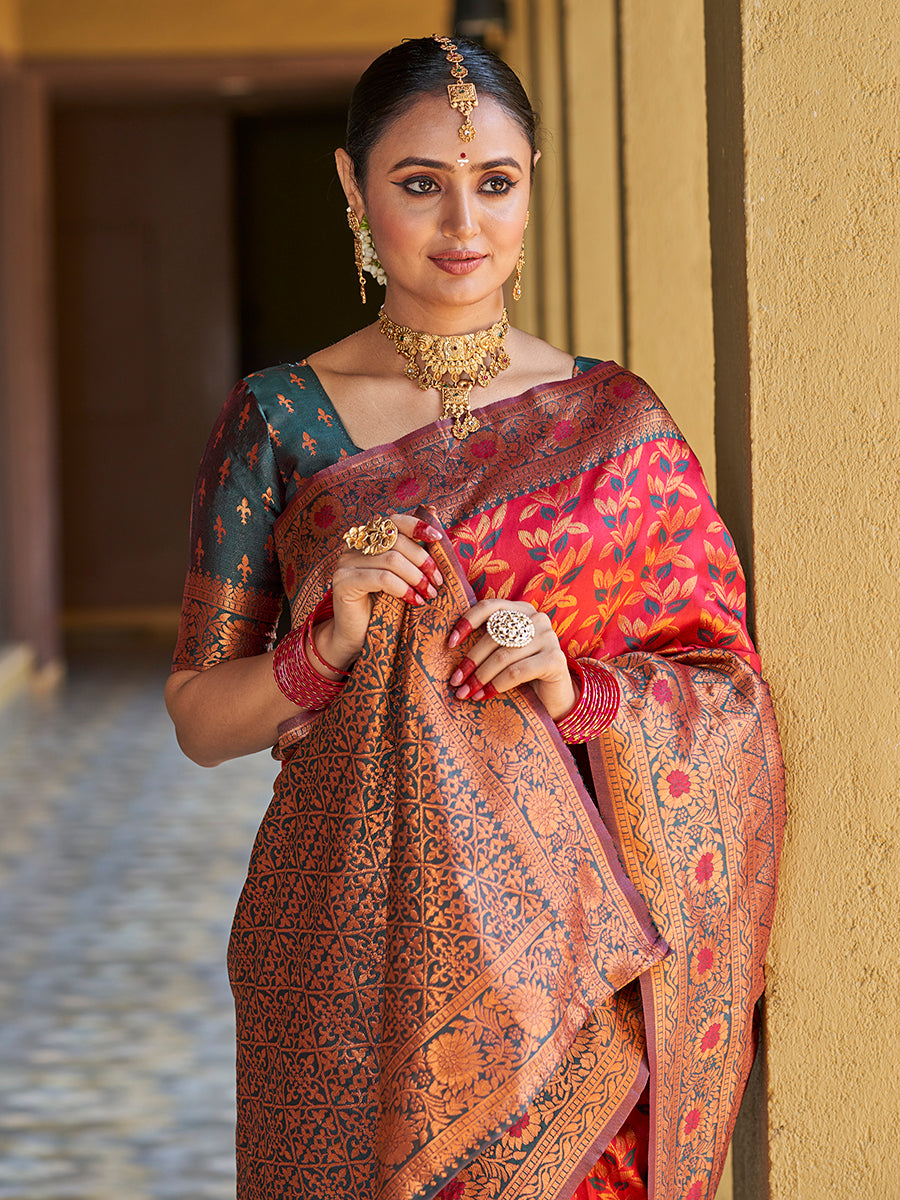 Maroon & Green Gold Zari Woven Wedding Banarasi Silk Saree