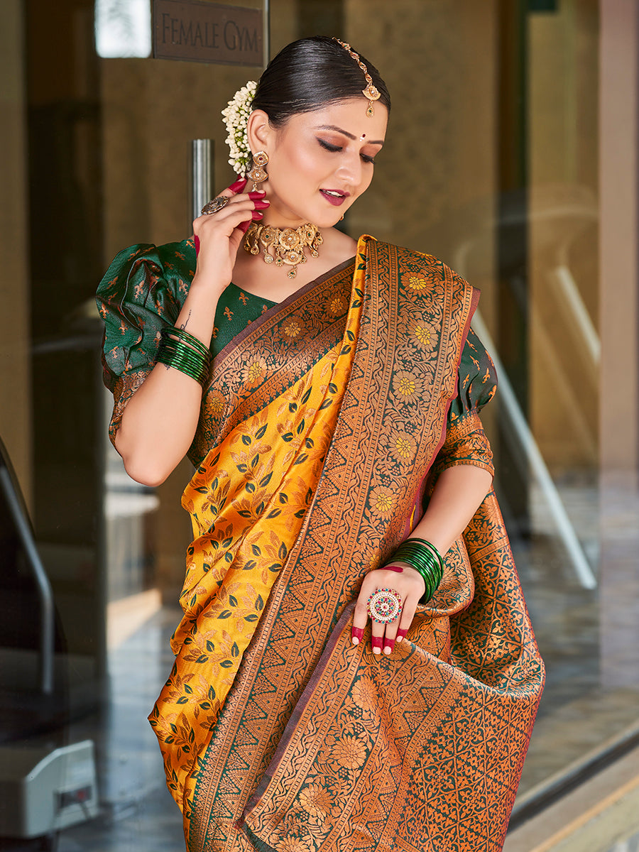 Yellow & Green Gold Zari Woven Wedding Banarasi Silk Saree