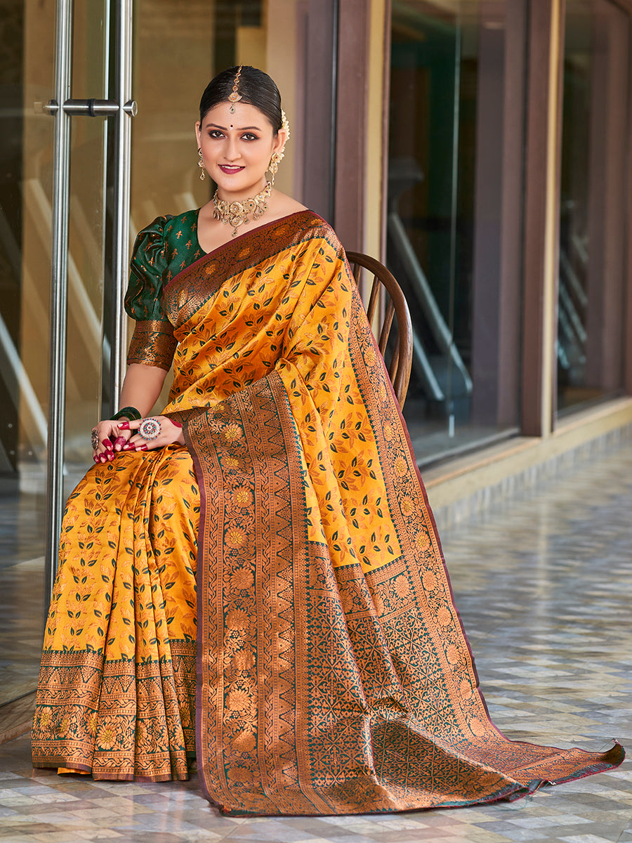 Yellow & Green Gold Zari Woven Wedding Banarasi Silk Saree