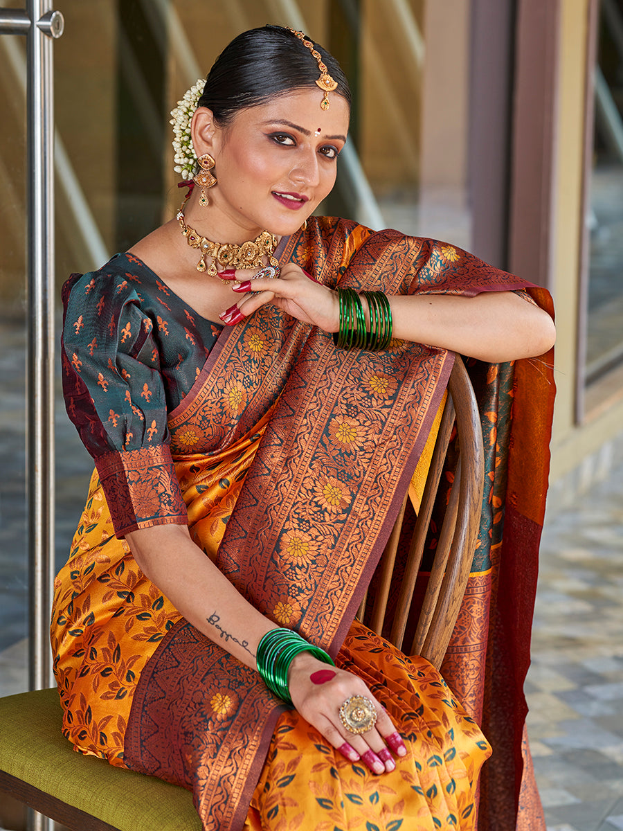 Yellow & Green Gold Zari Woven Wedding Banarasi Silk Saree