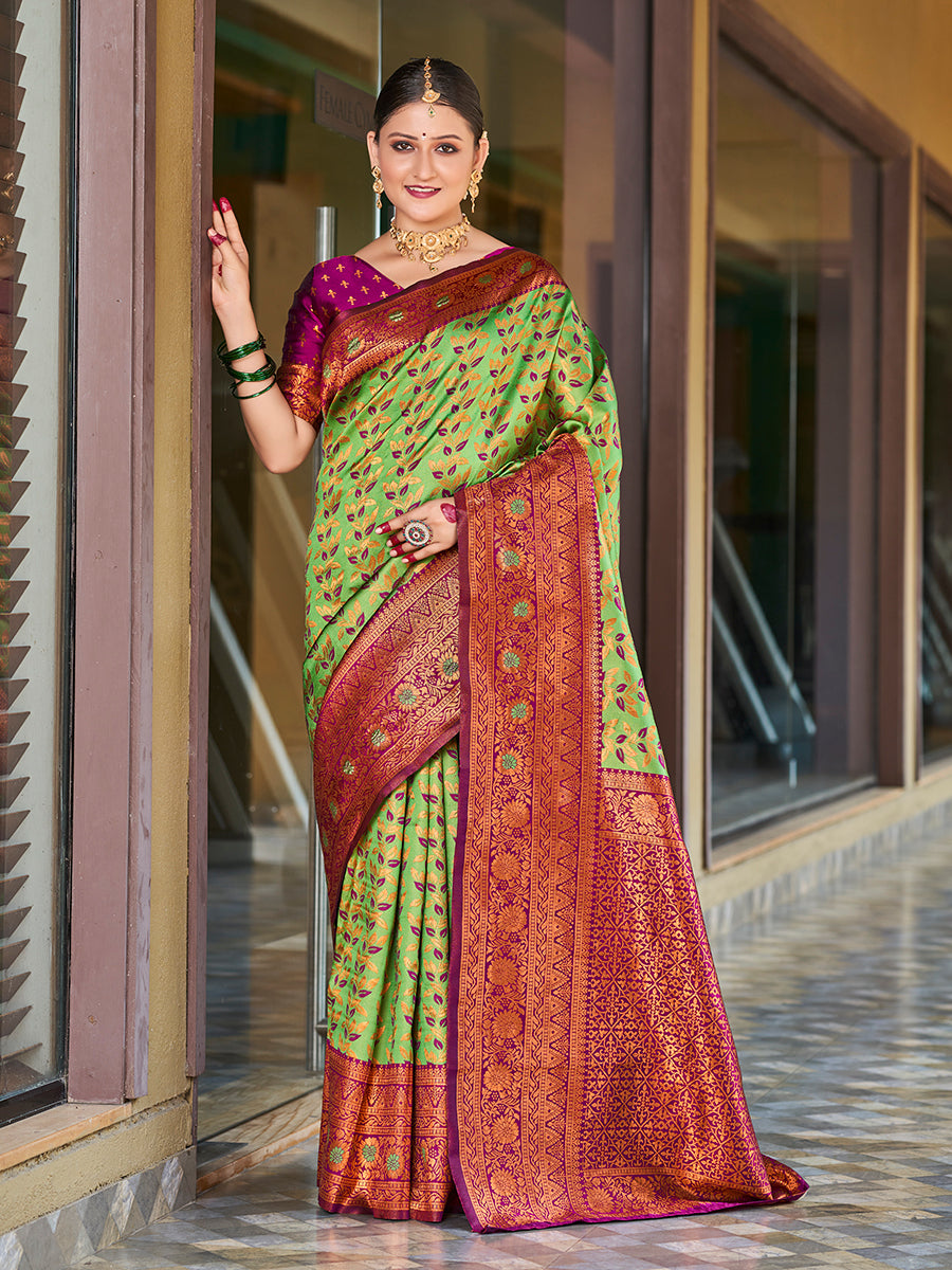 Light Green & Purple Gold Zari Woven Wedding Banarasi Silk Saree