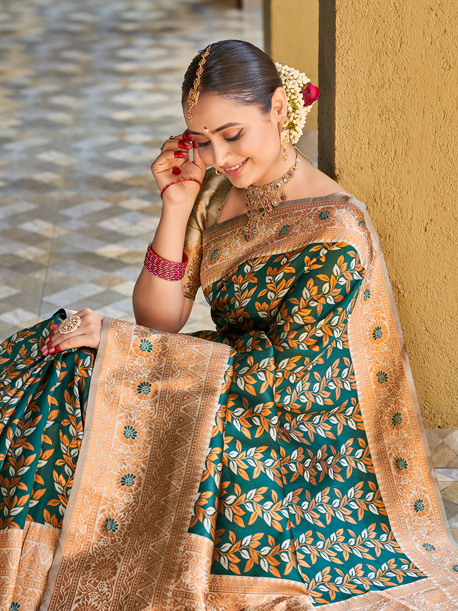 Green & Beige Gold Zari Woven Wedding Banarasi Silk Saree