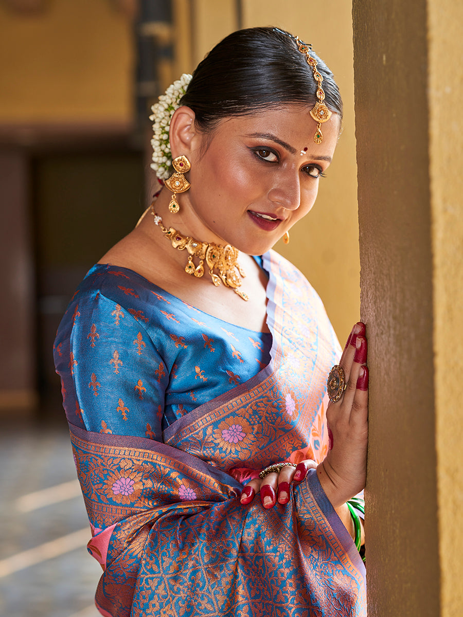 Pink & Blue Gold Zari Woven Wedding Banarasi Silk Saree