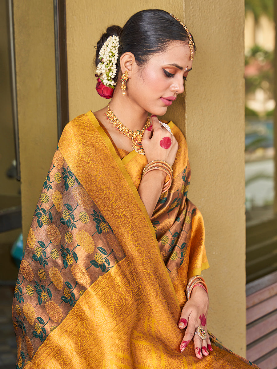Golden & Green Zari Weaving Wedding Banarasi Silk Saree