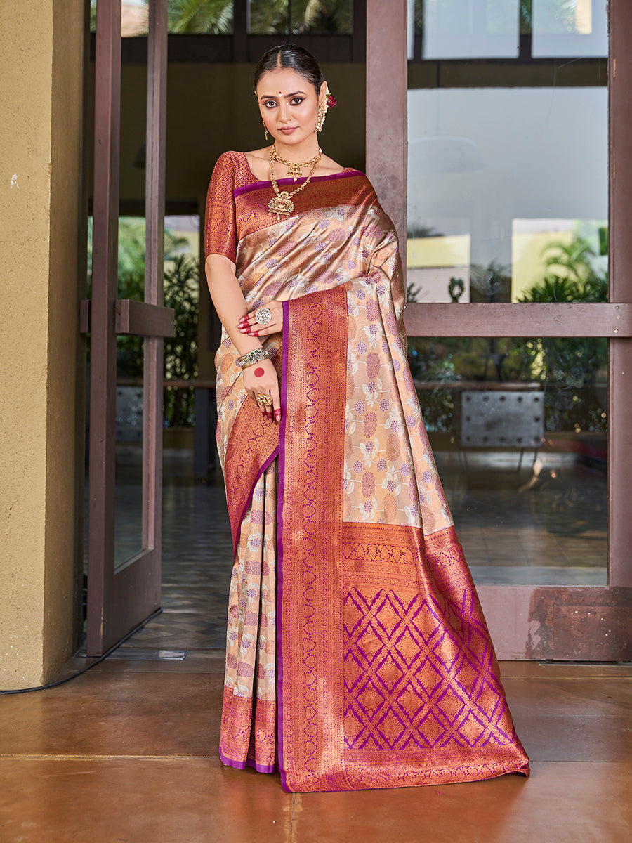 Beige & Purple Zari Weaving Wedding Banarasi Silk Saree