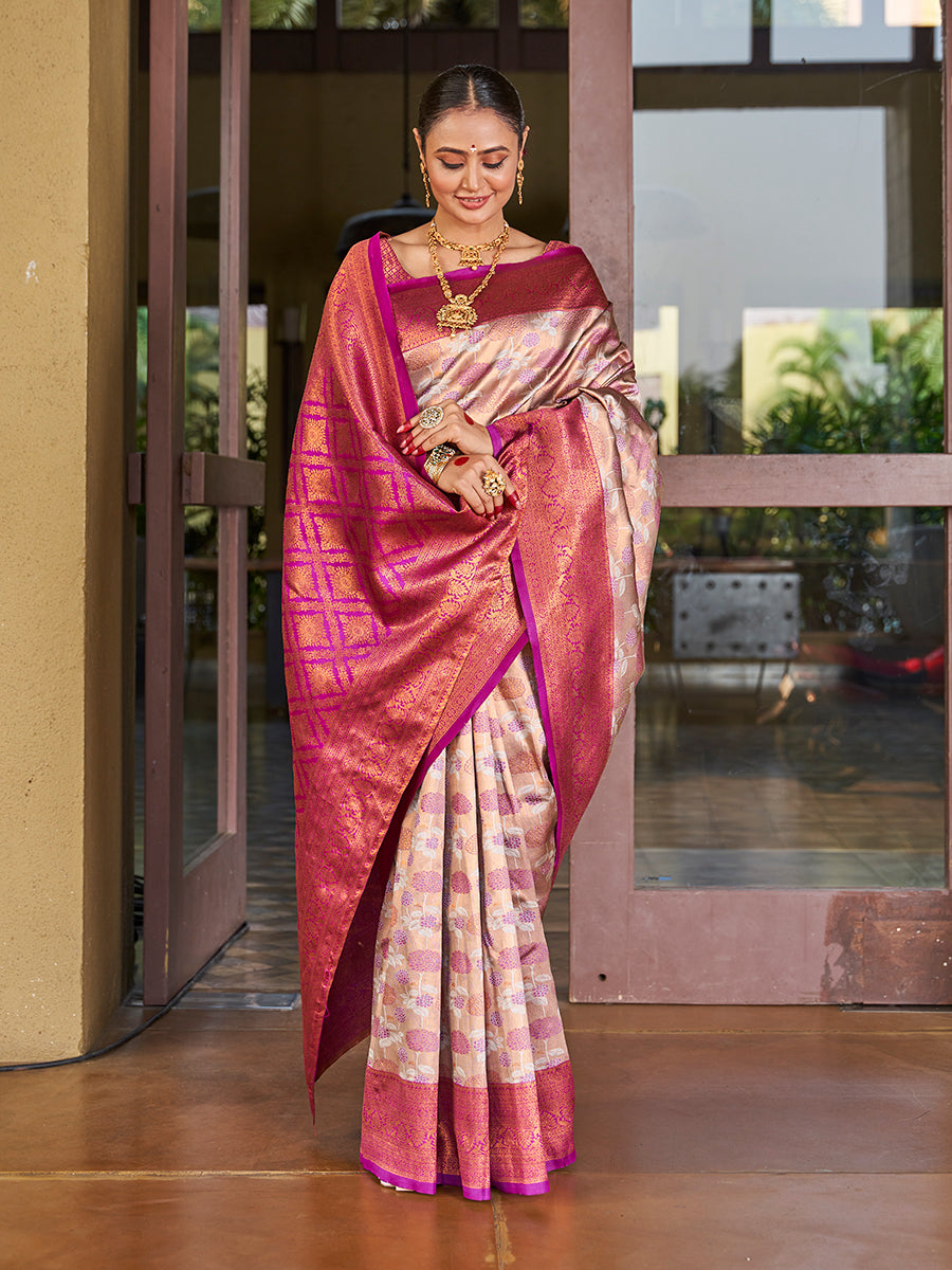 Beige & Purple Zari Weaving Wedding Banarasi Silk Saree