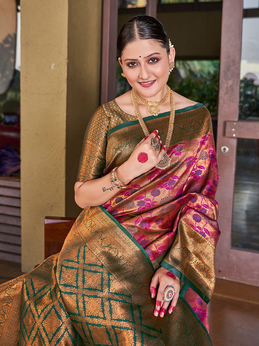 Purple & Green Zari Weaving Wedding Banarasi Silk Saree