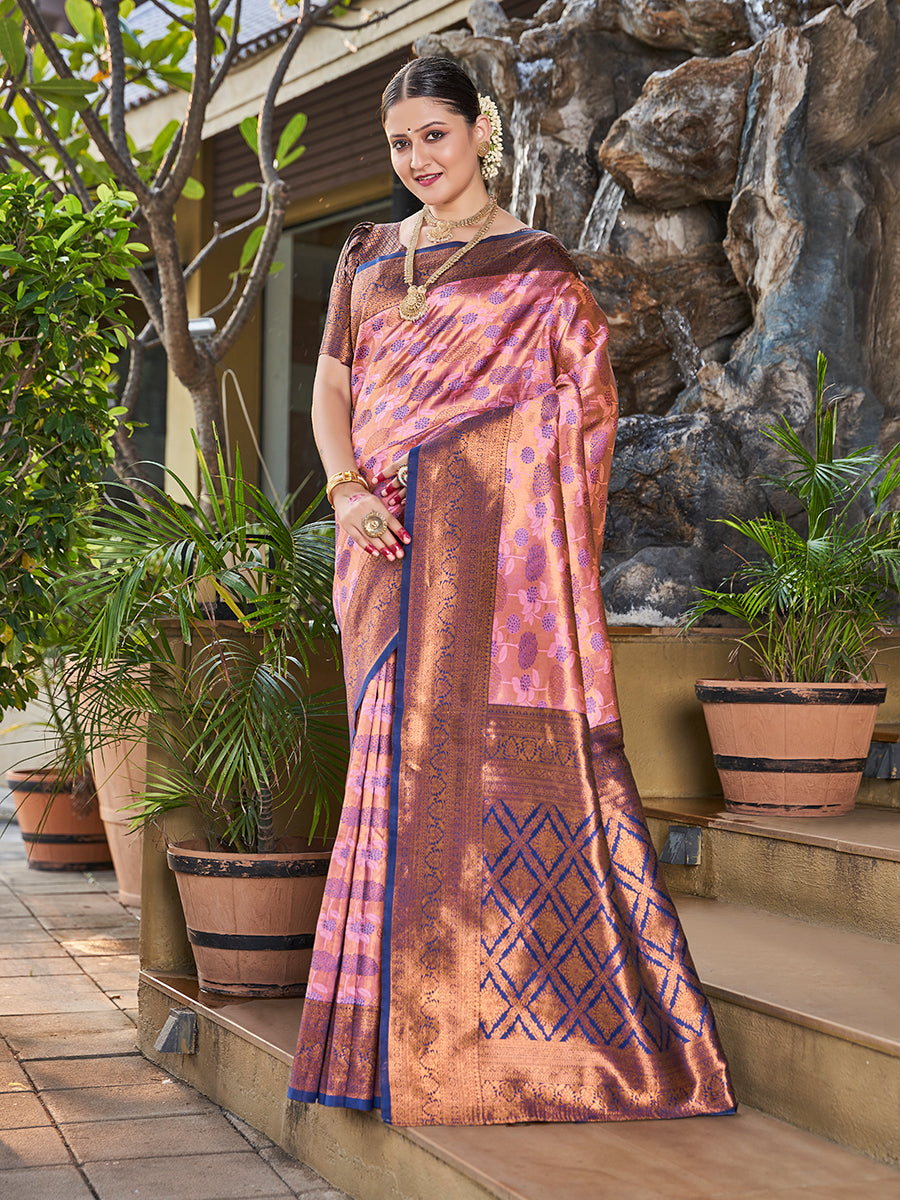Pink & Blue Zari Weaving Wedding Banarasi Silk Saree