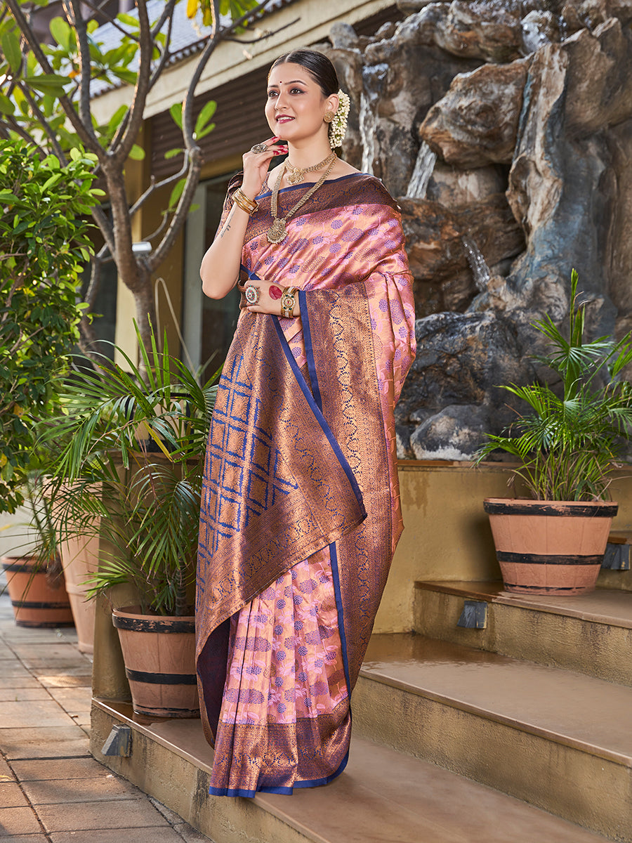 Pink & Blue Zari Weaving Wedding Banarasi Silk Saree
