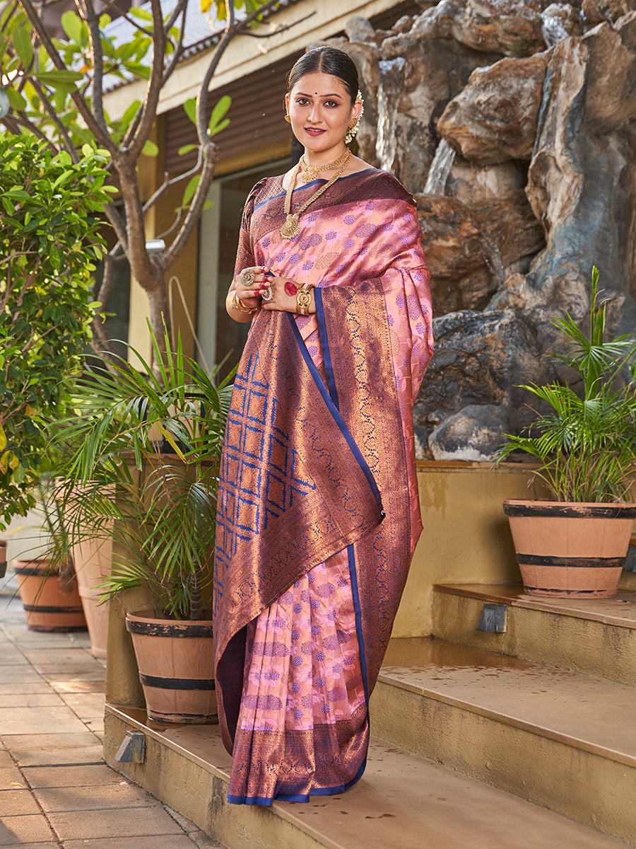 Pink & Blue Zari Weaving Wedding Banarasi Silk Saree