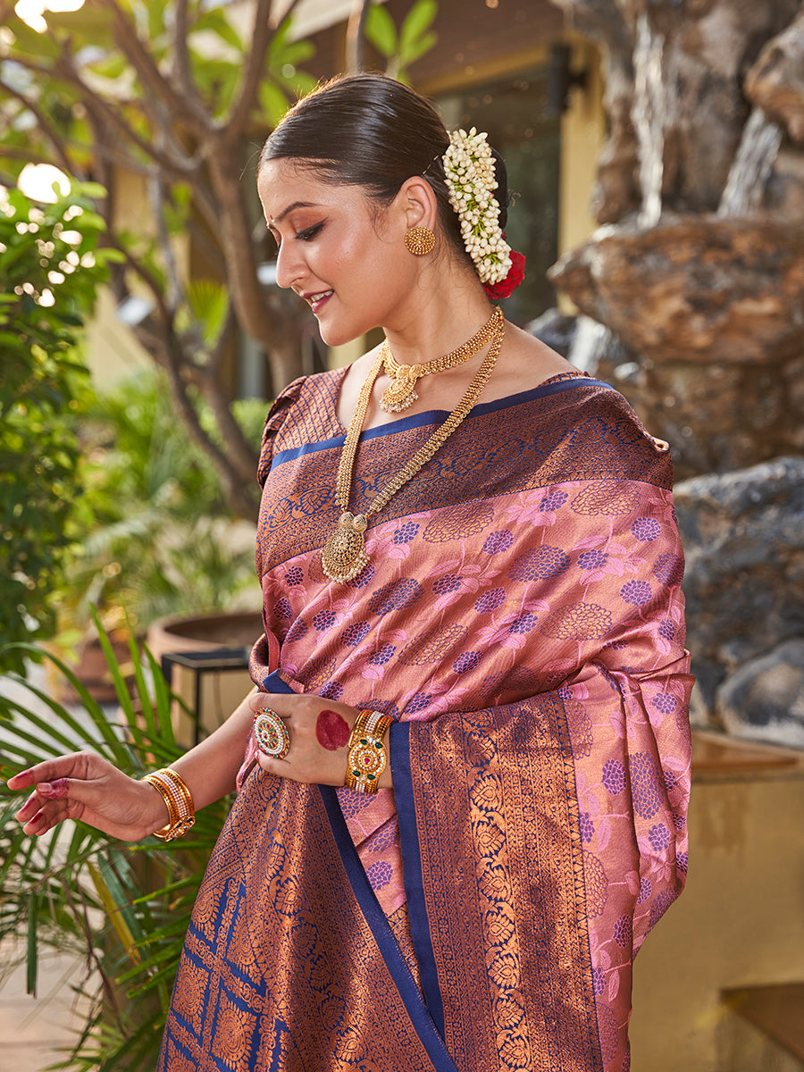 Pink & Blue Zari Weaving Wedding Banarasi Silk Saree