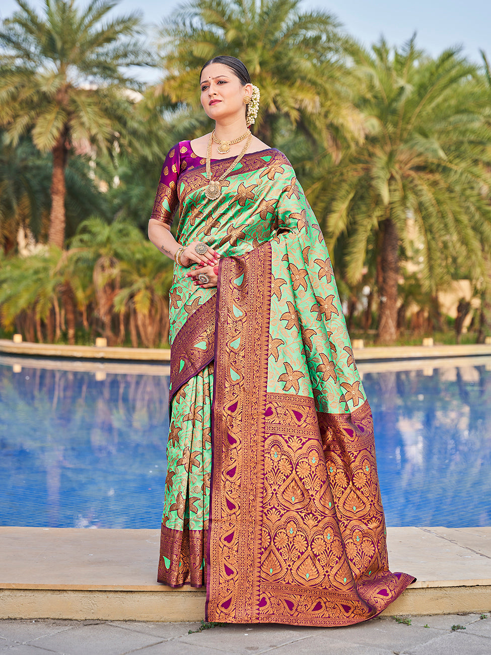 Sea Green Traditional Zari Weaving Wedding Banarasi Silk Saree