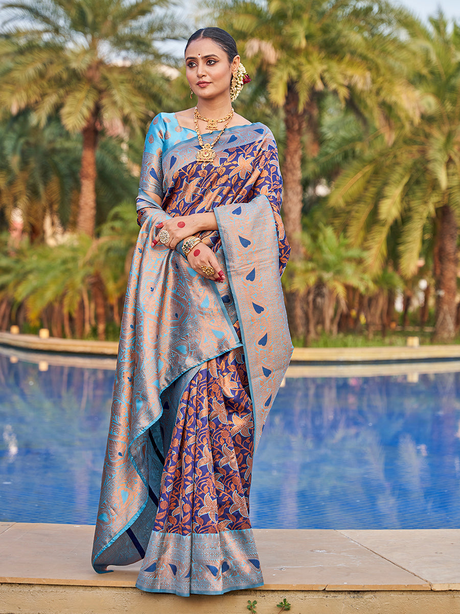 Navy Blue Traditional Zari Weaving Wedding Banarasi Silk Saree