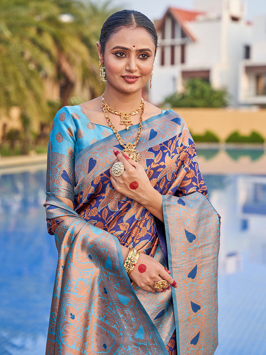 Navy Blue Traditional Zari Weaving Wedding Banarasi Silk Saree