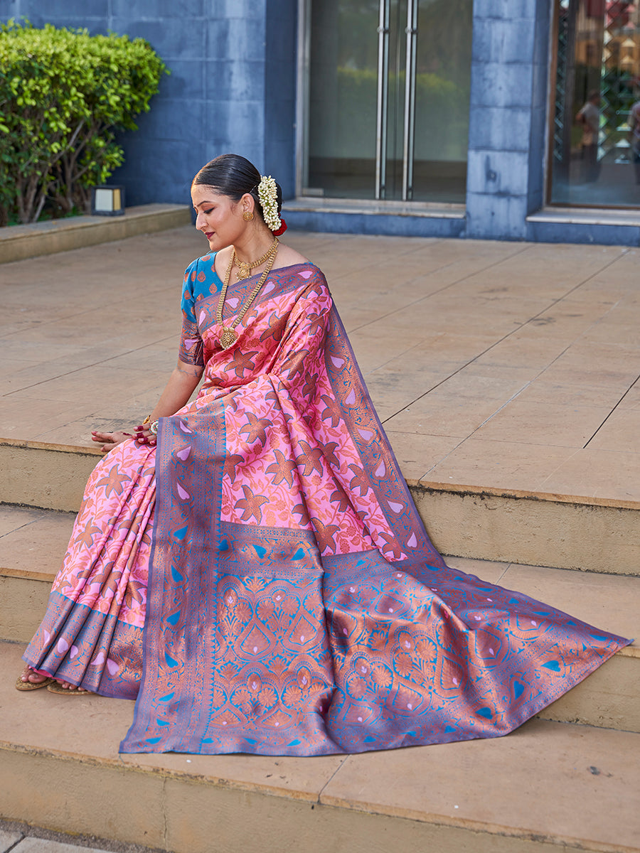 Pink & Teal Traditional Zari Weaving Wedding Banarasi Silk Saree