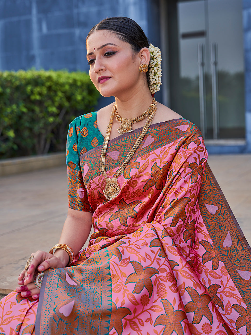 Pink & Teal Traditional Zari Weaving Wedding Banarasi Silk Saree