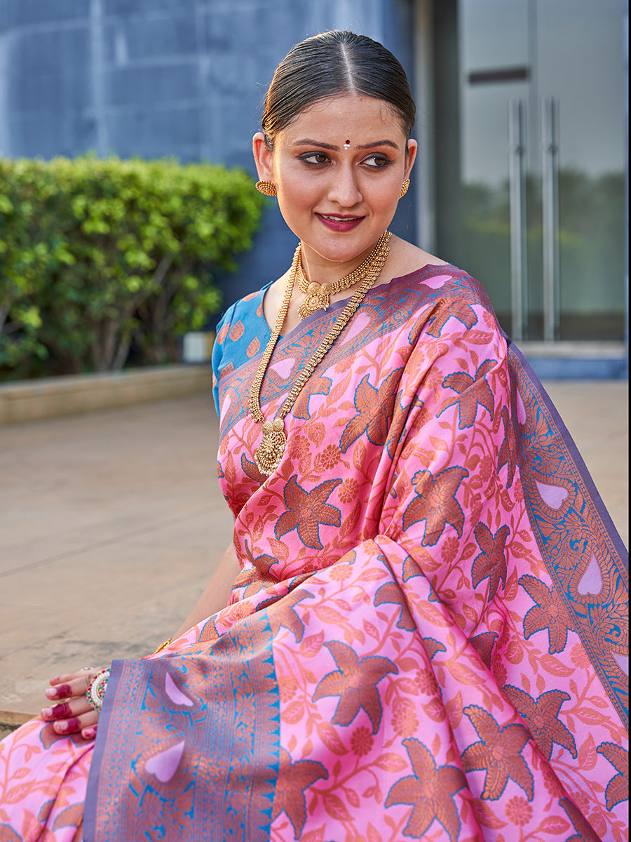 Pink & Teal Traditional Zari Weaving Wedding Banarasi Silk Saree