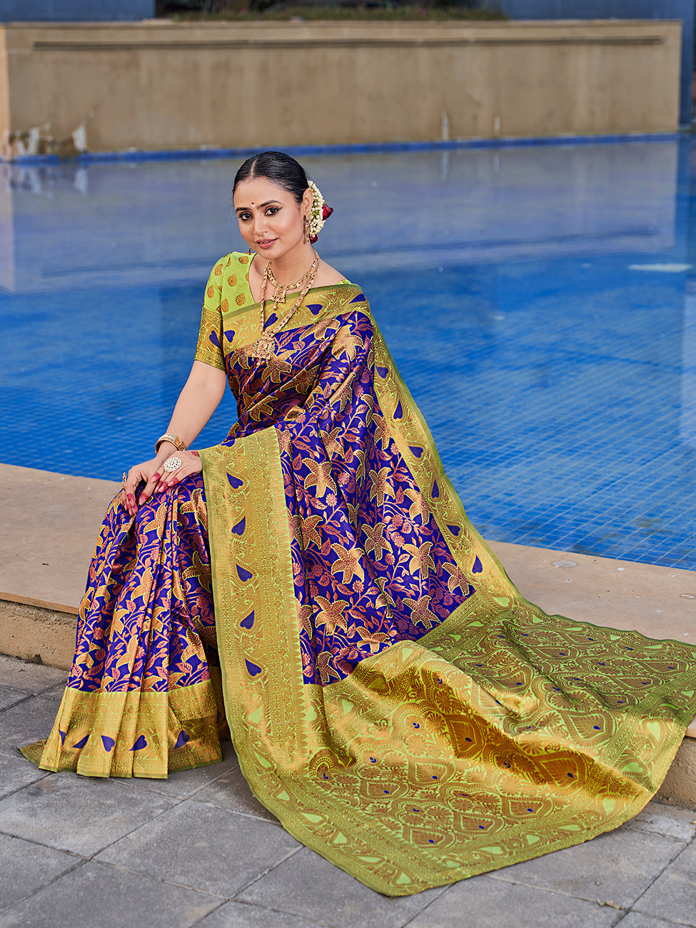 Purple & Yellow Traditional Zari Weaving Wedding Banarasi Silk Saree
