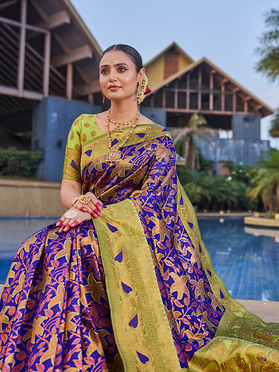 Purple & Yellow Traditional Zari Weaving Wedding Banarasi Silk Saree