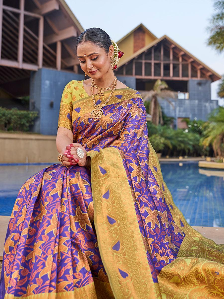 Purple & Yellow Traditional Zari Weaving Wedding Banarasi Silk Saree