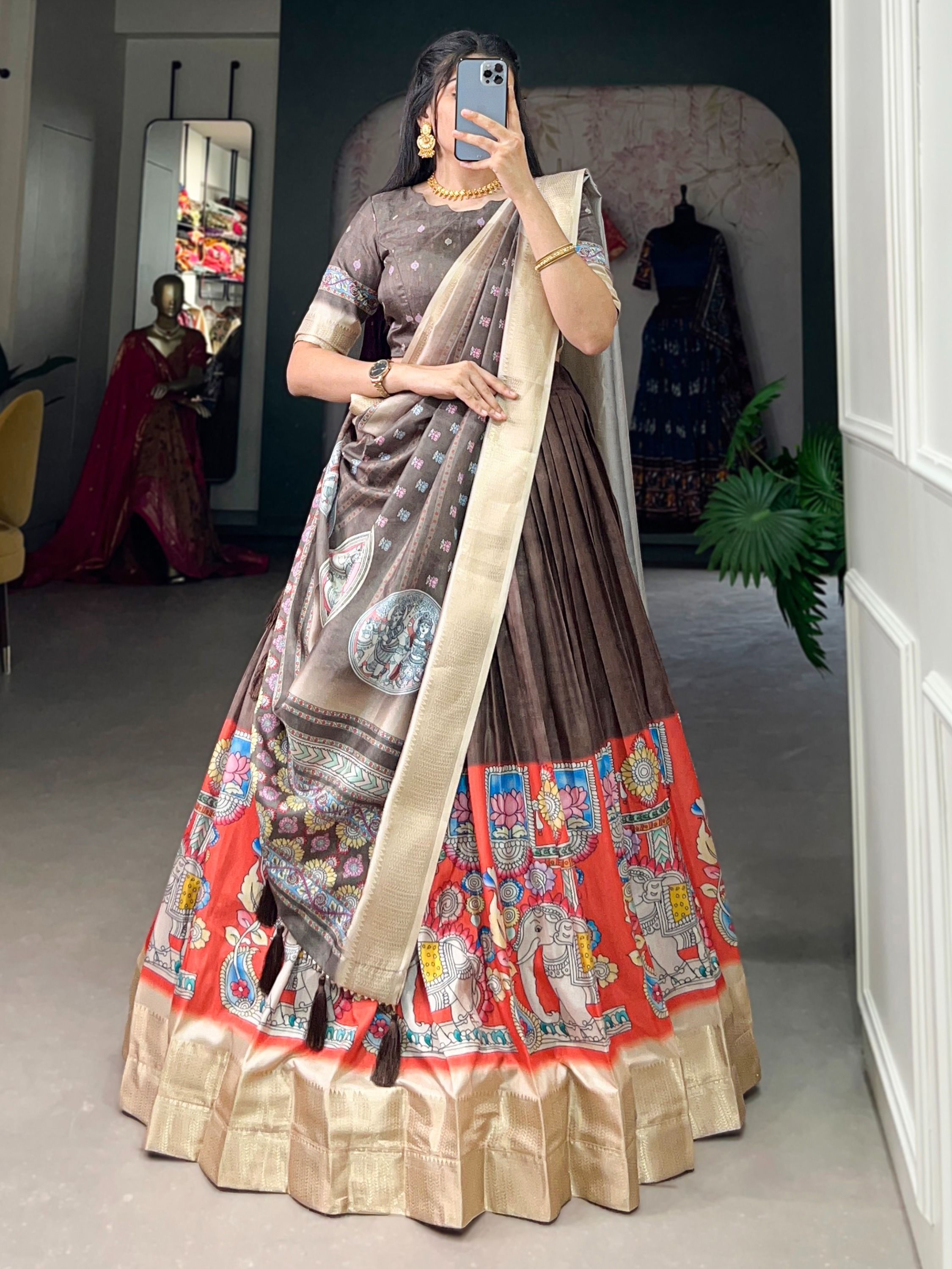 Brown Navratri Special Kalamkari Printed Silk Lehenga Choli