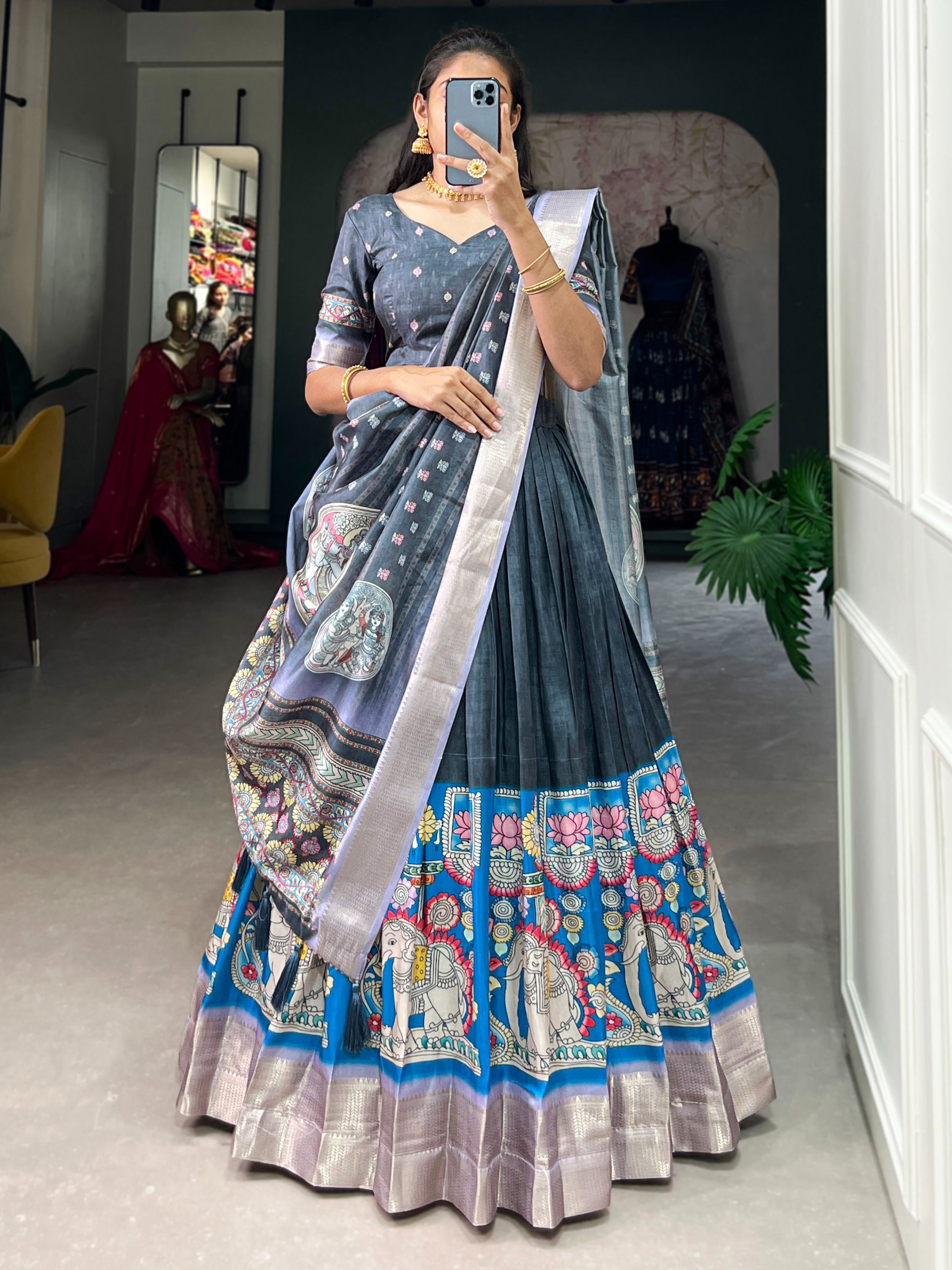 Bluish Grey Navratri Special Kalamkari Printed Silk Lehenga Choli