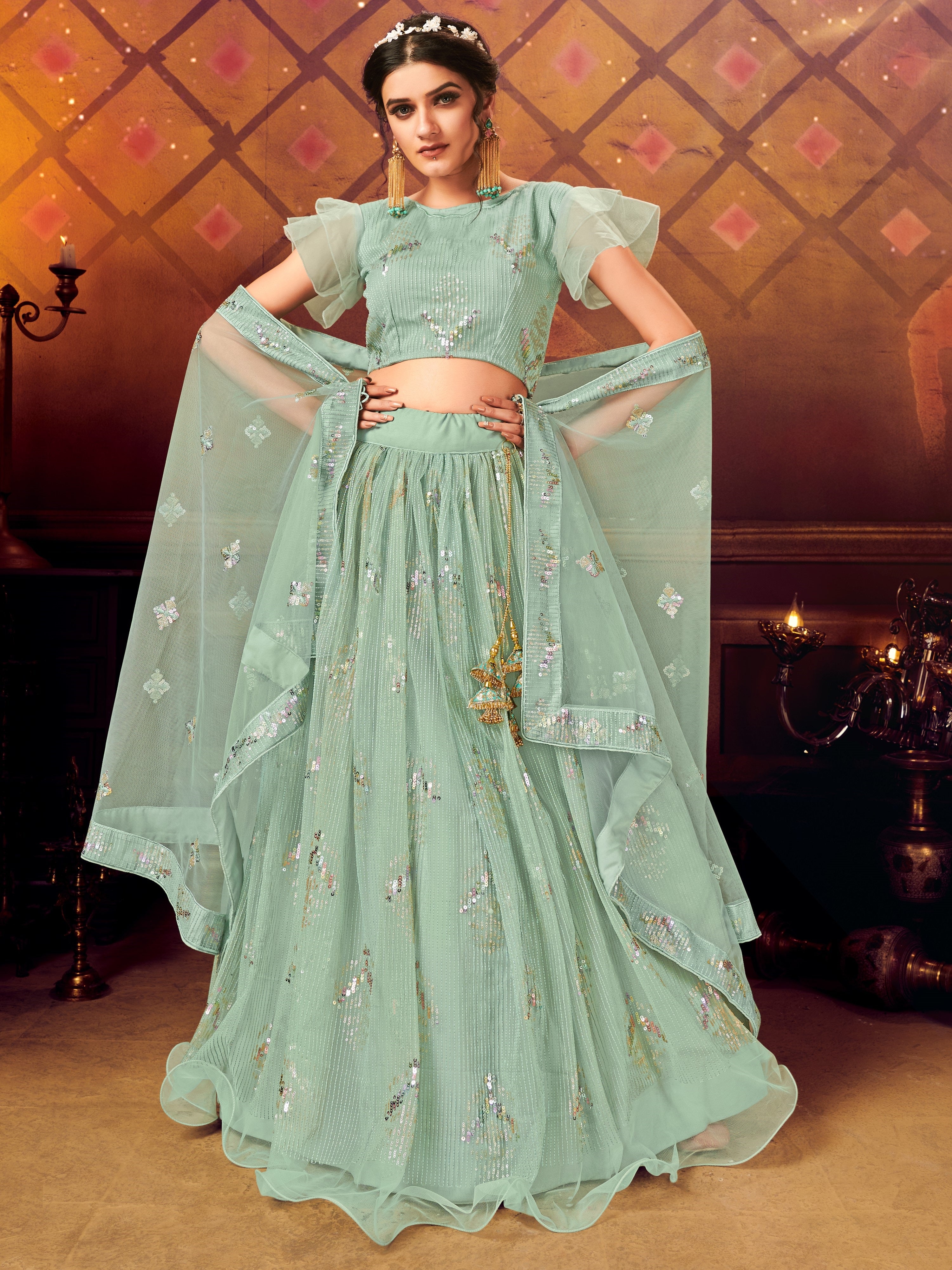 Sea Green color Lehenga choli with sequence work