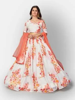 Exquisite White Digital Printed Semi-Stitched Lehenga and Unstitched Blouse With Dupatta