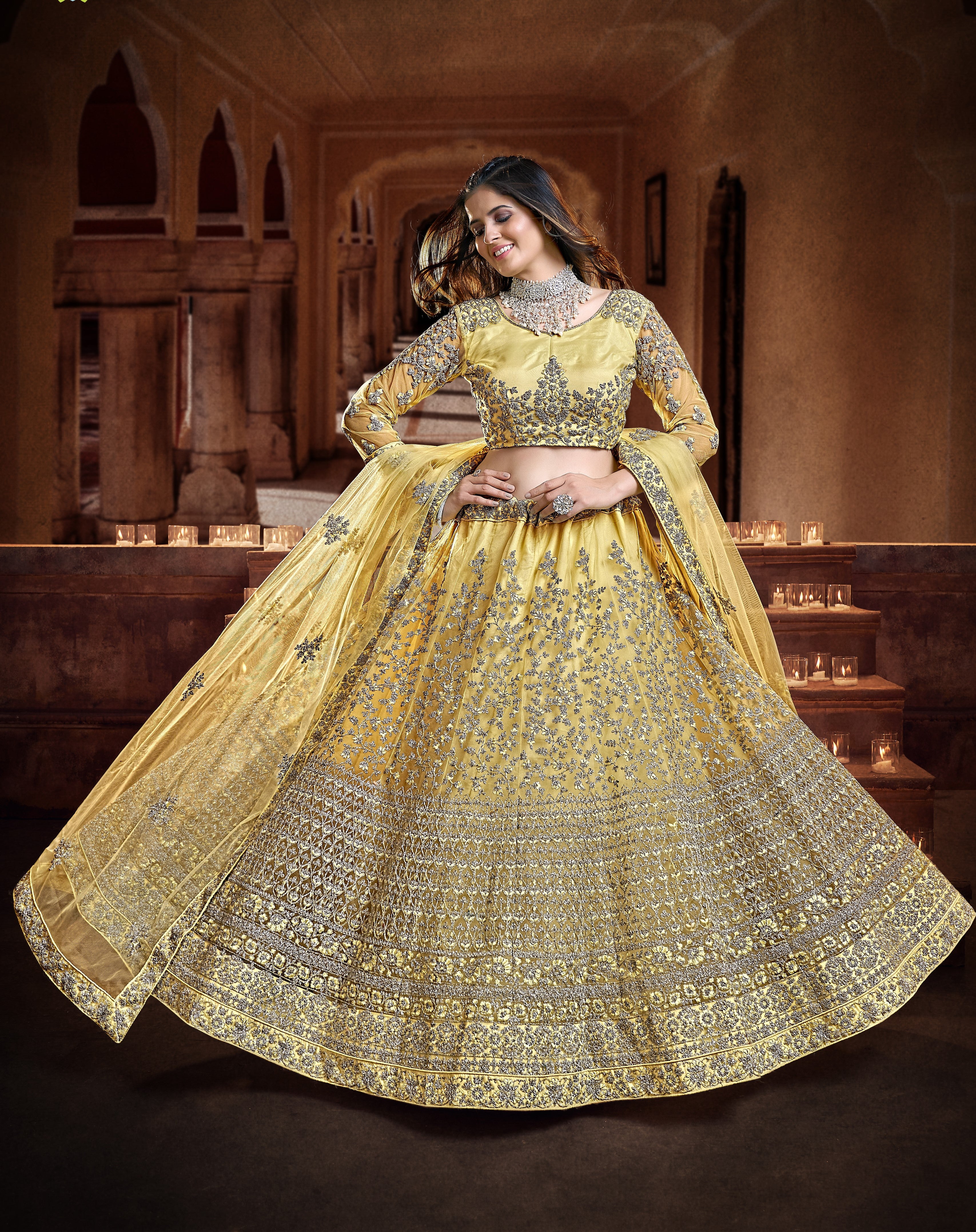 New Latest Yellow Embroidered Sangeet Special Lehenga and Blouse With Dupatta