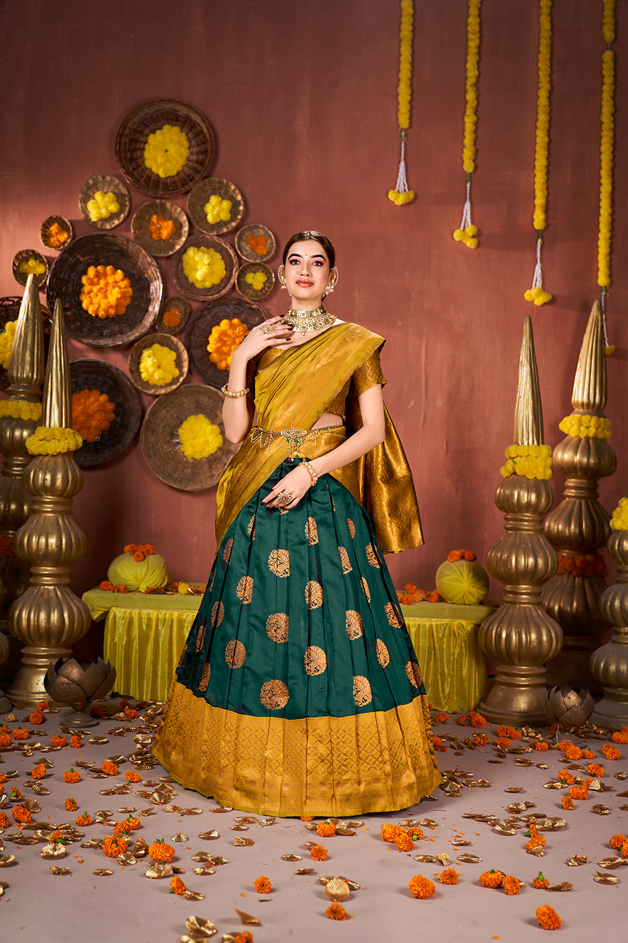 Bottle Green & Mustard Banarasi Silk Half Saree Lehenga Choli