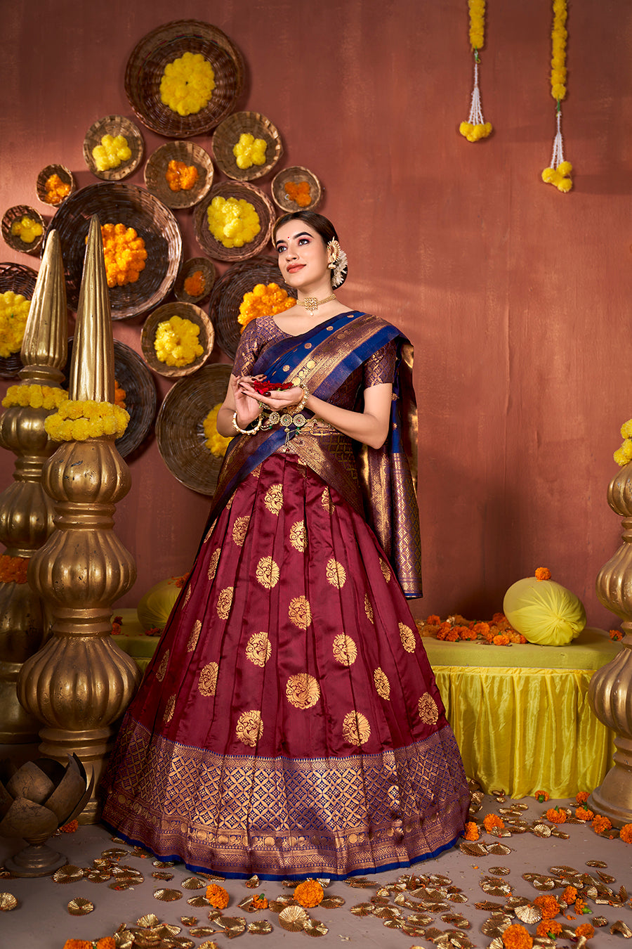 Maroon & Blue Banarasi Silk Half Saree Lehenga Choli