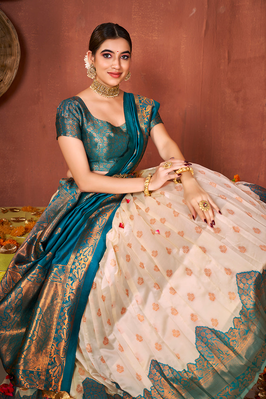 Off White & Blue Banarasi Silk Half Saree Lehenga Choli