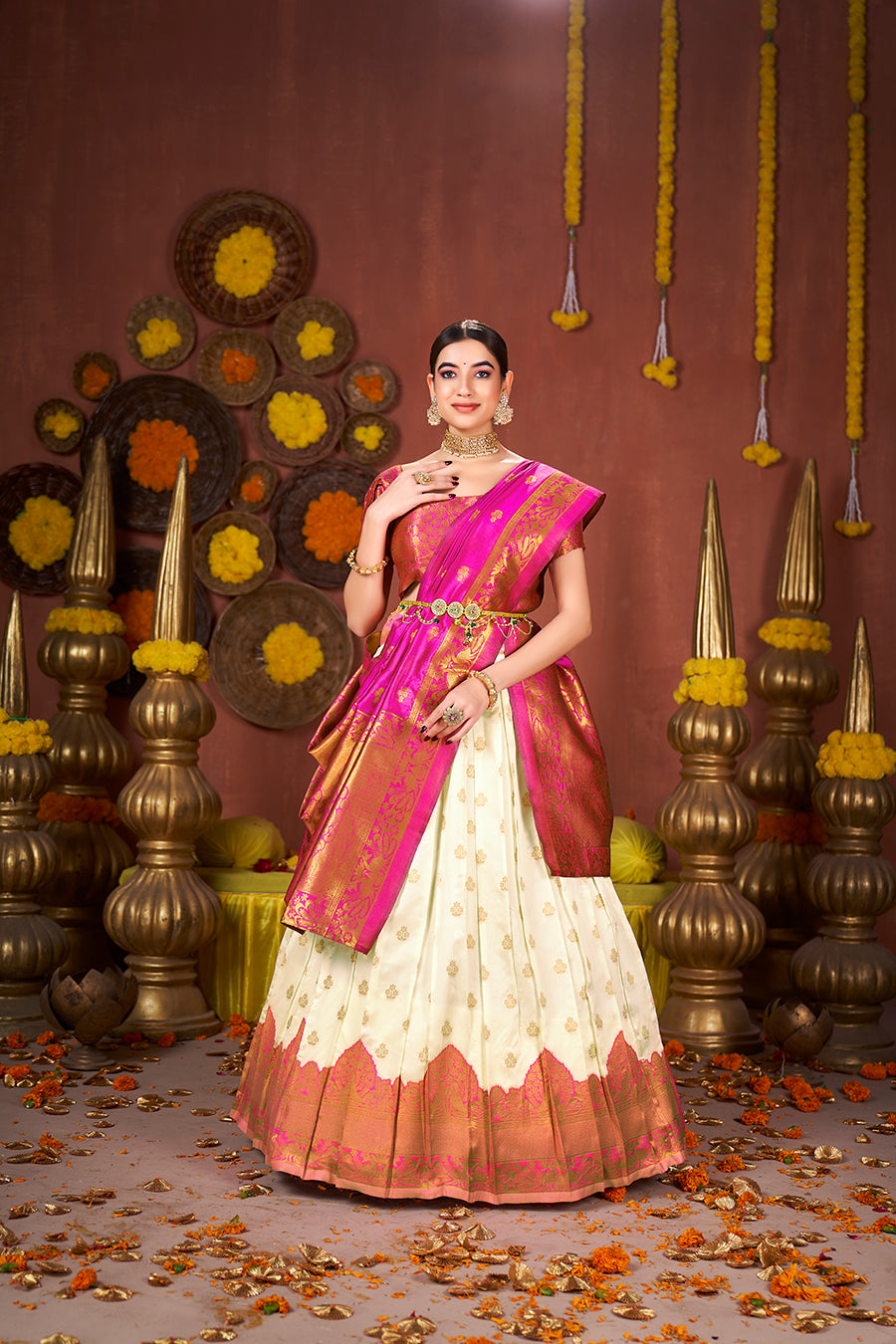 Off White & Pink Banarasi Silk Half Saree Lehenga Choli