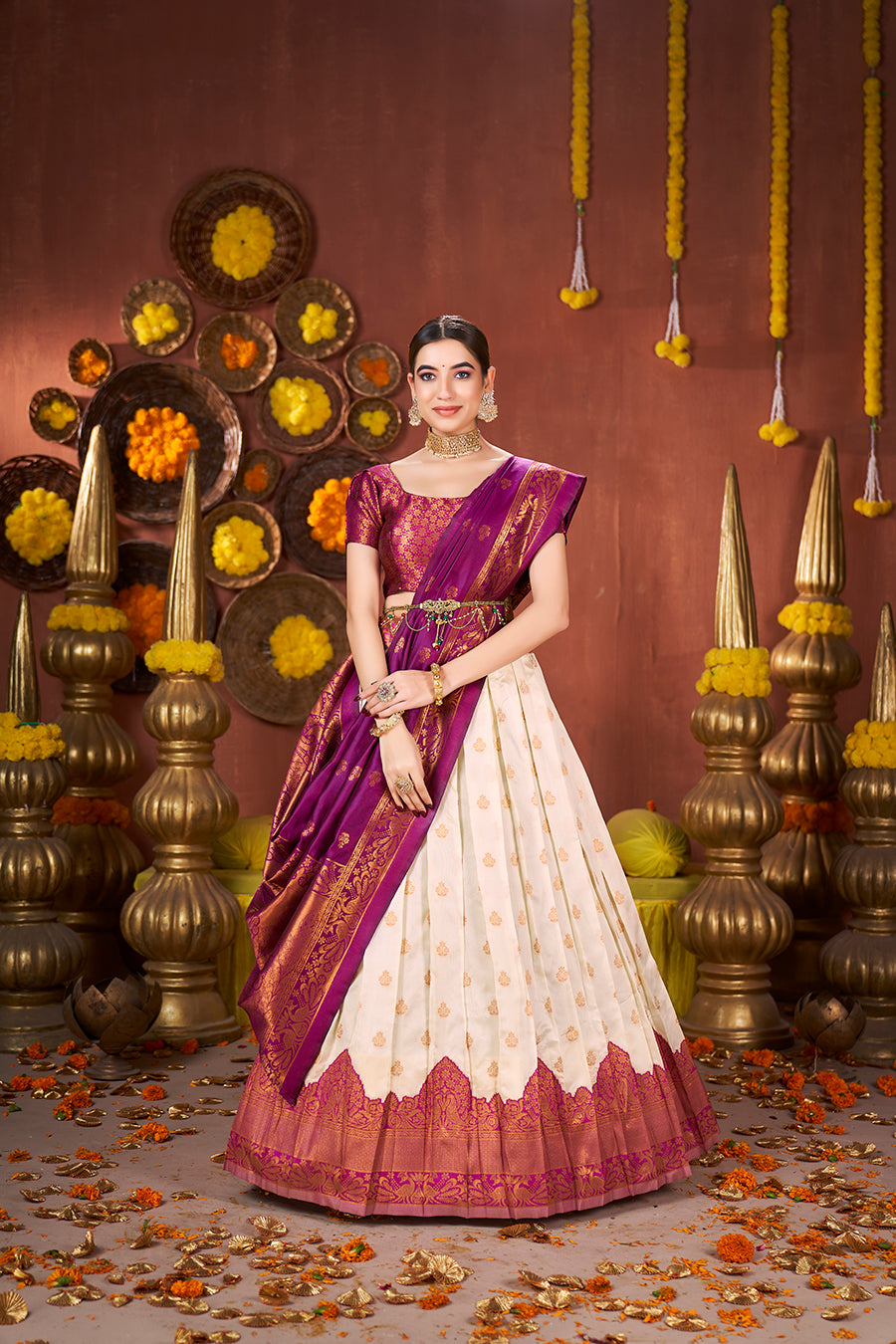 Off White & Purple Banarasi Silk Half Saree Lehenga Choli