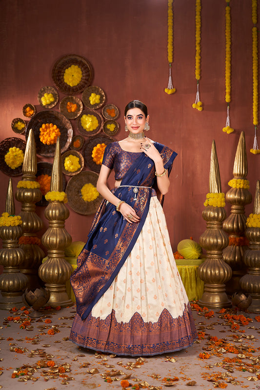 Off White & Navy Blue Banarasi Silk Half Saree Lehenga Choli