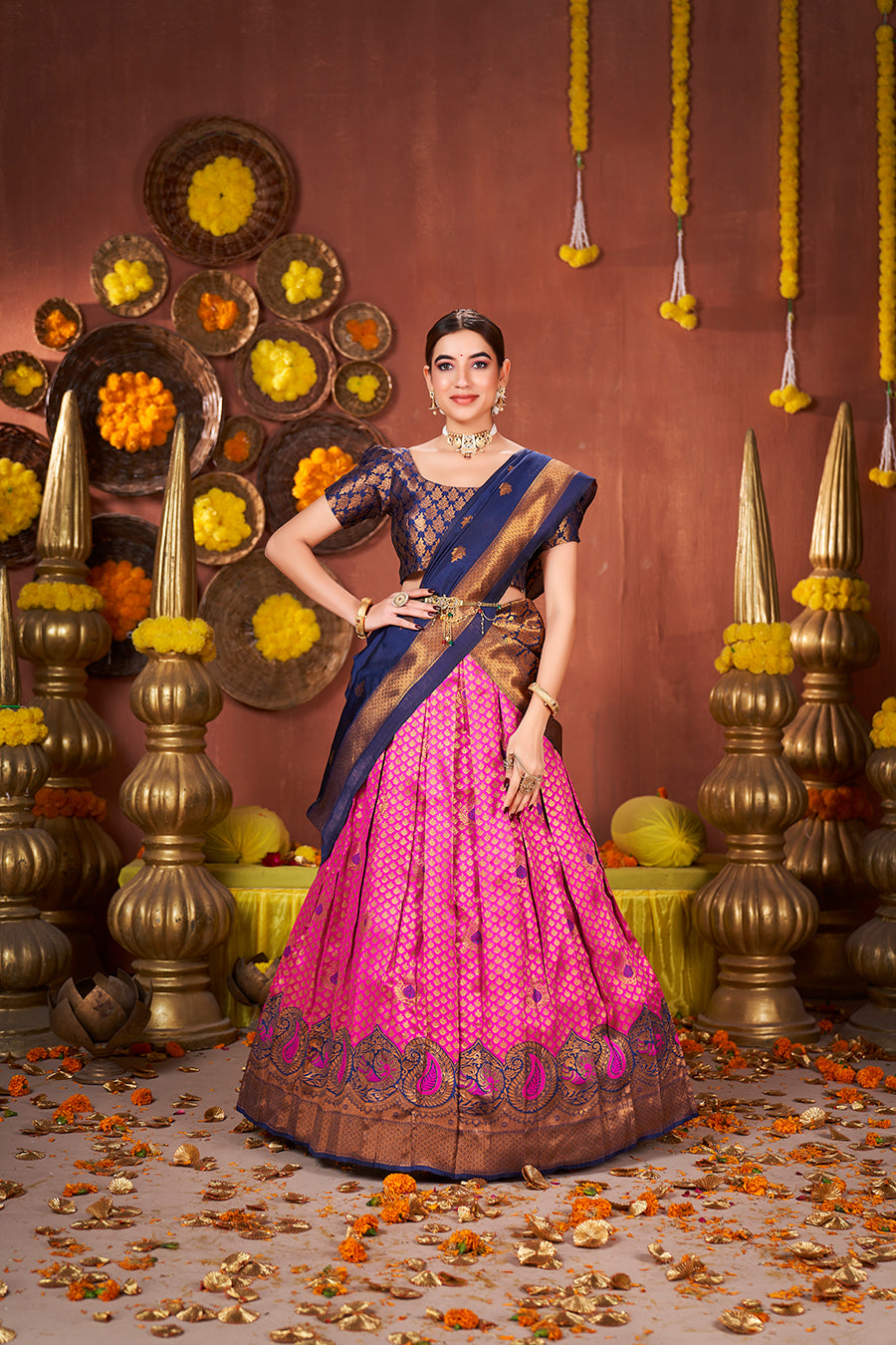 Pink & Blue Banarasi Silk Half Saree Lehenga Choli